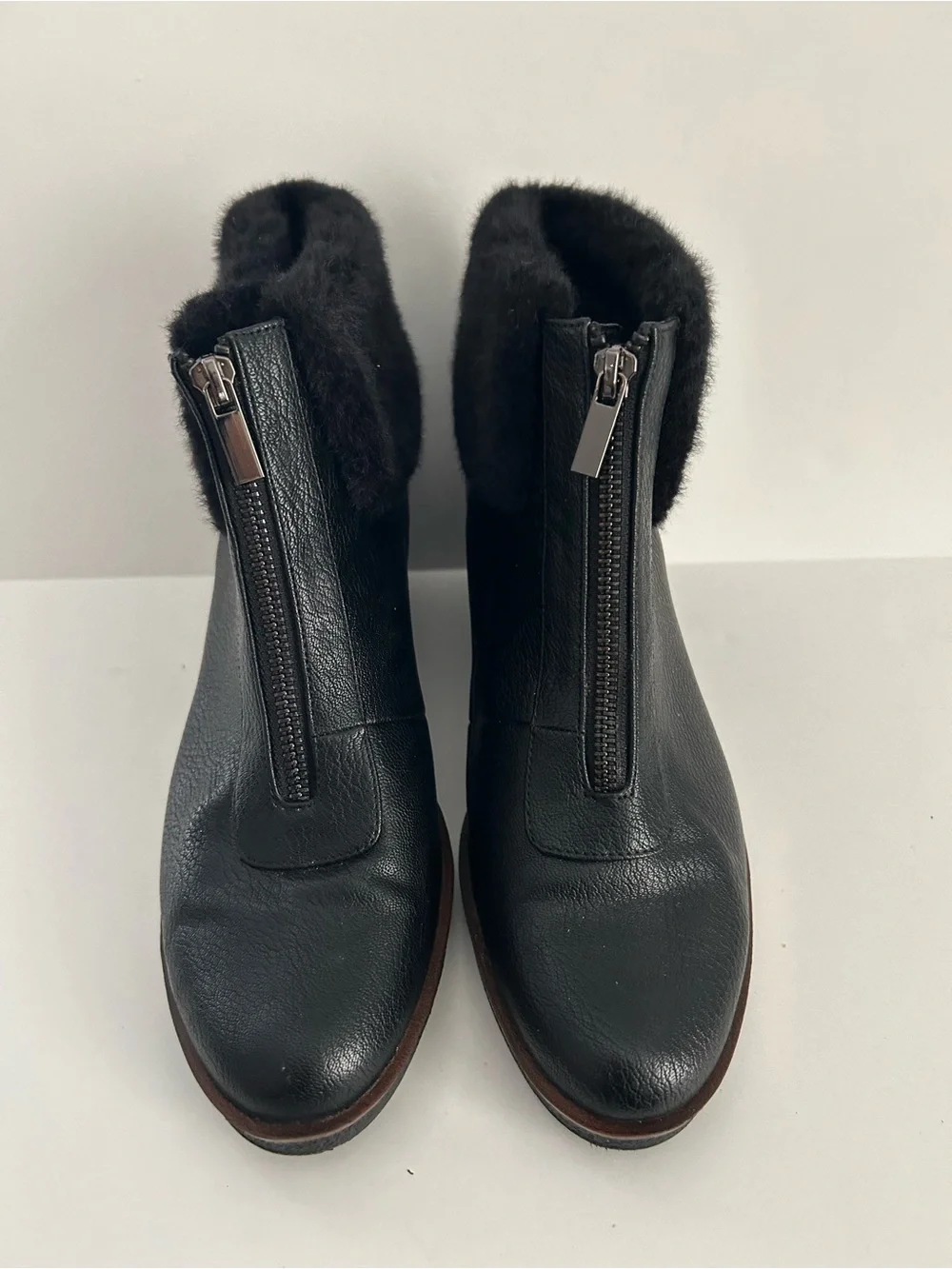 Aerosoles Black Wedge Ankle Boots with Fur Trim | Size 10.5